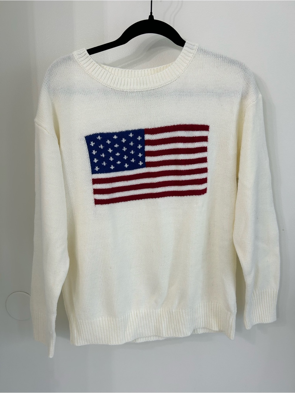Cream American Flag Knit Sweater - Women's Casual Crewneck